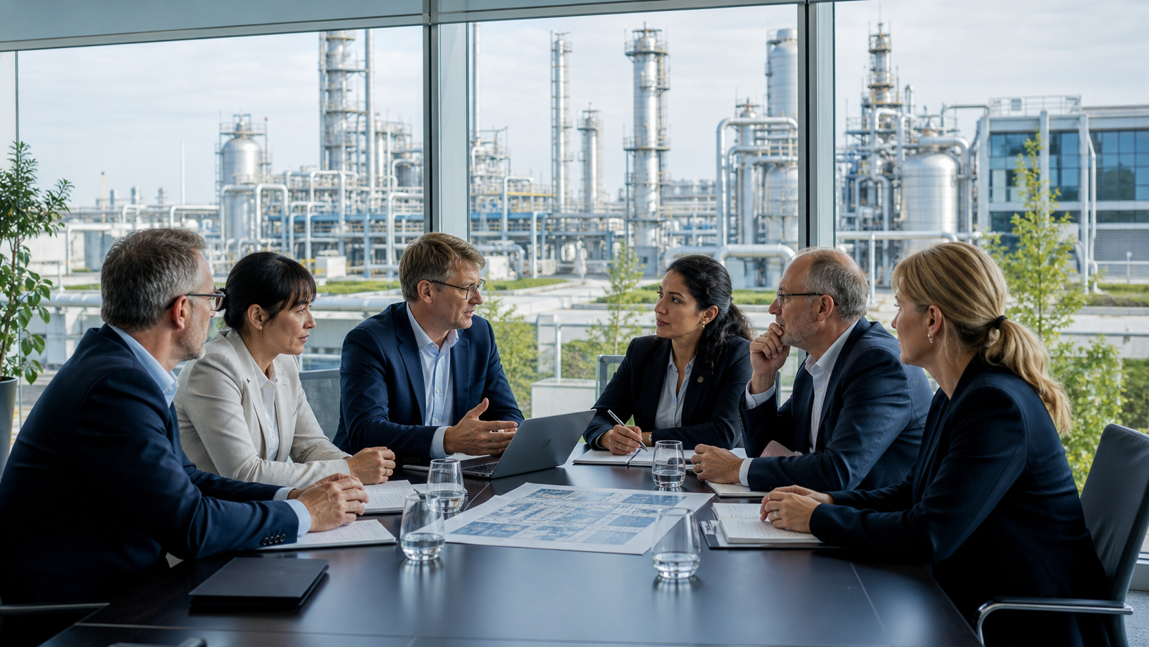 Internationales Führungsteam im Gespräch, im Hintergrund eine moderne saubere Chemieanlage